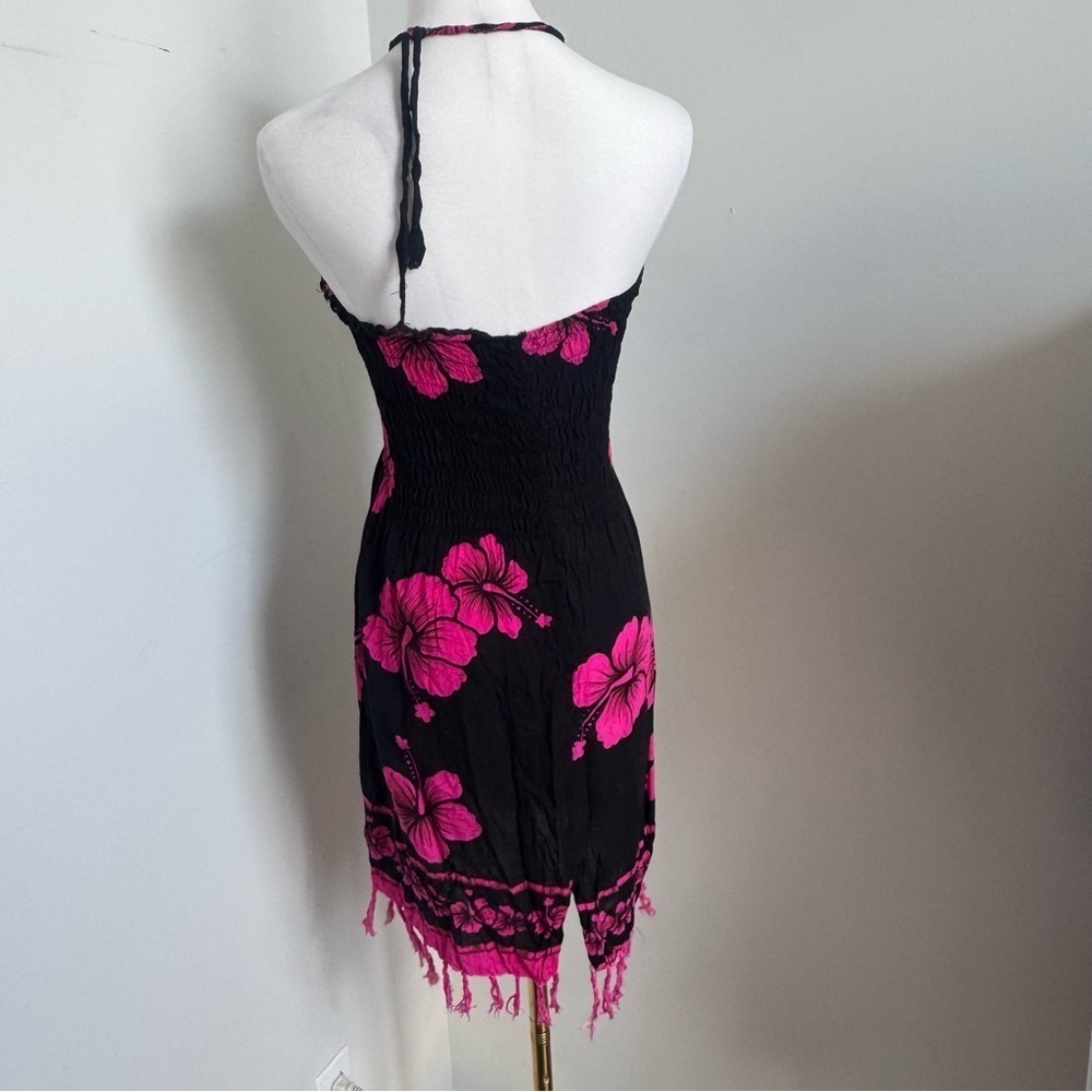 Vintage Hawaiian Black Pink Hibiscus Strapless Dress Beach Up Festival Y2K M - Picture 6 of 6
